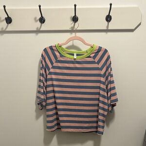 Casual Striped Short Sleeve Tee - Pink and Blue